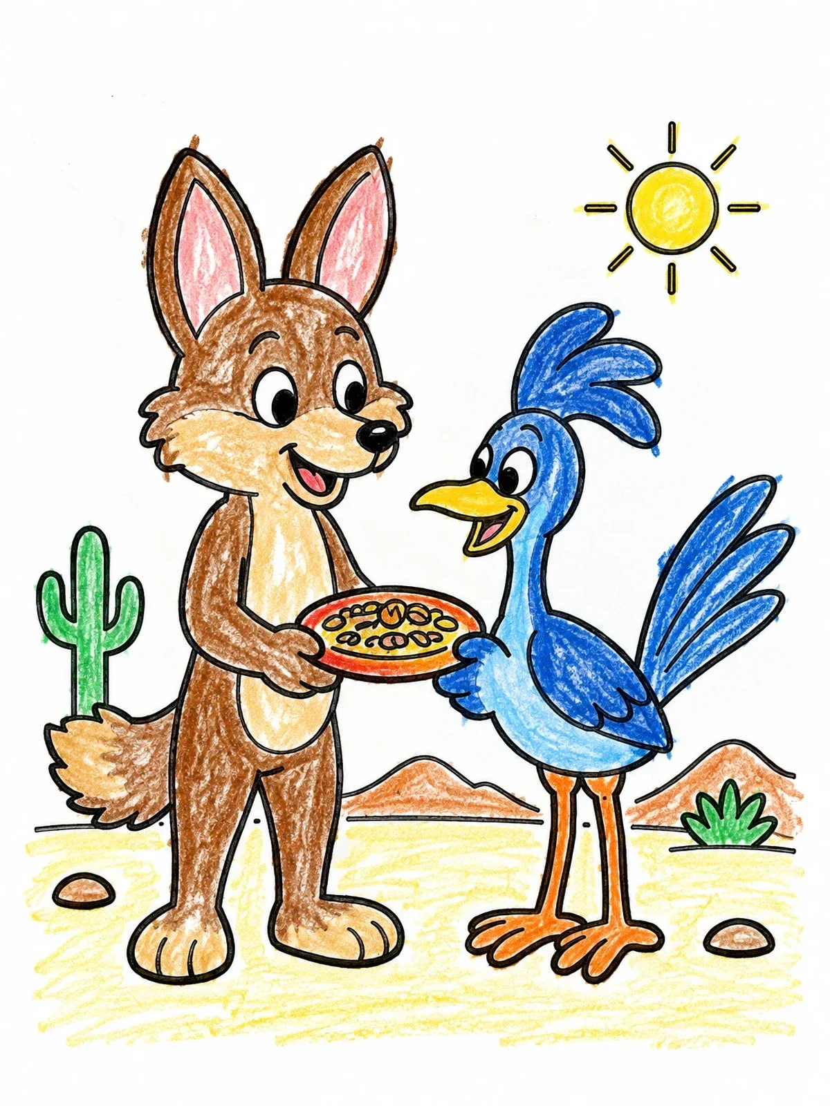 Colored example of the Coyote And Roadrunner Sharing Food coloring page