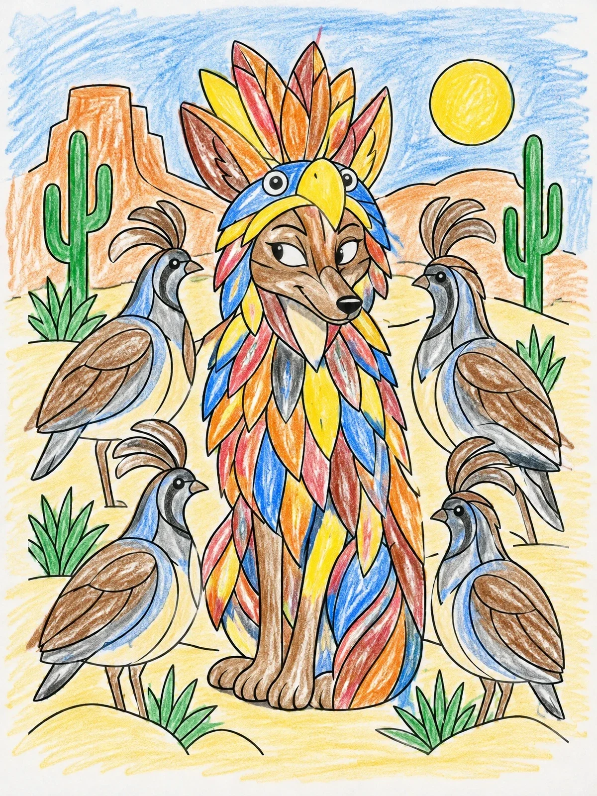 Colored example of the Coyote Disguised As A Bird coloring page