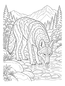 Free printable Coyote Drinking From Mountain Stream coloring page