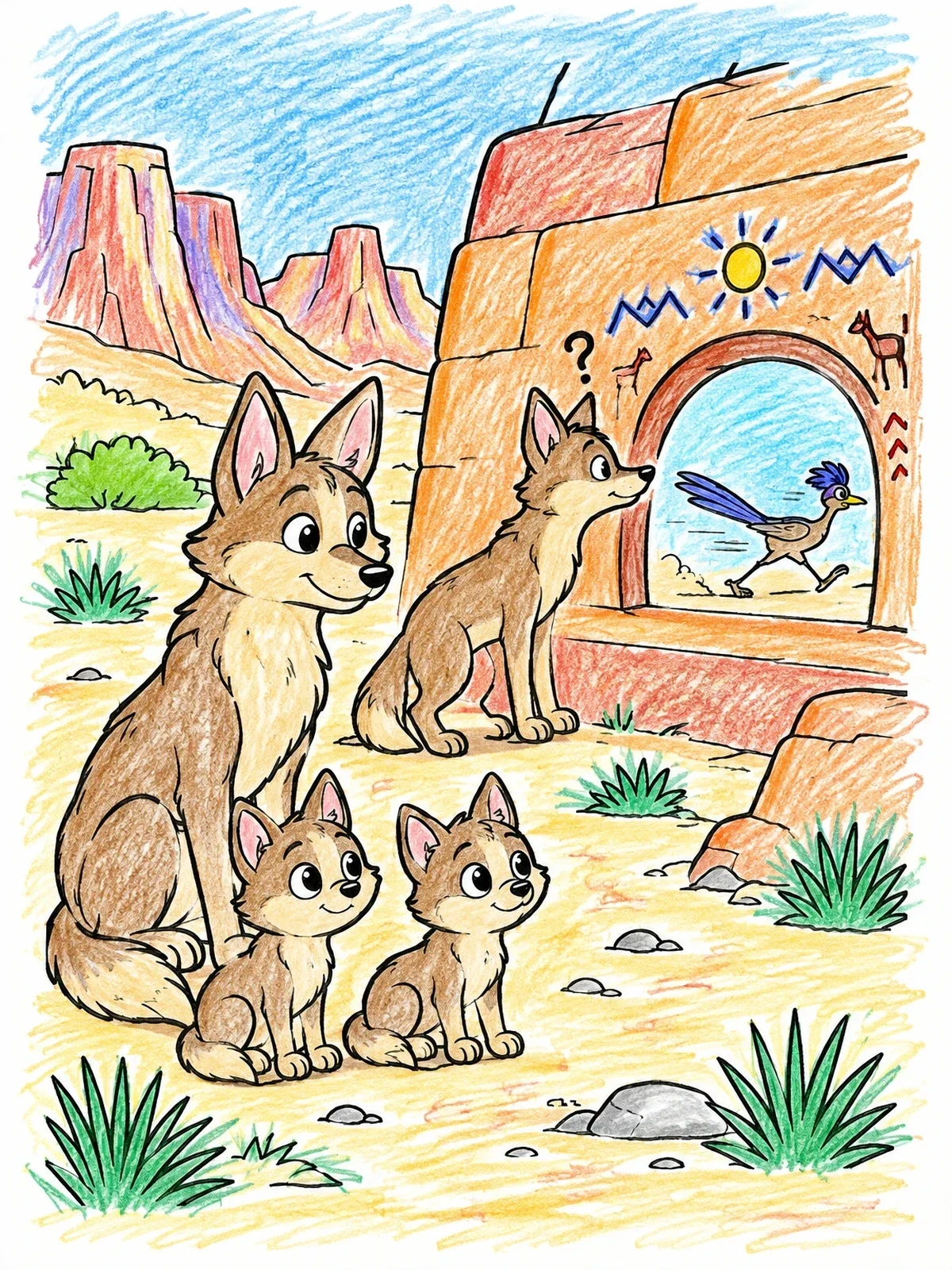 Colored example of the Coyote Family And Speedy Roadrunner coloring page