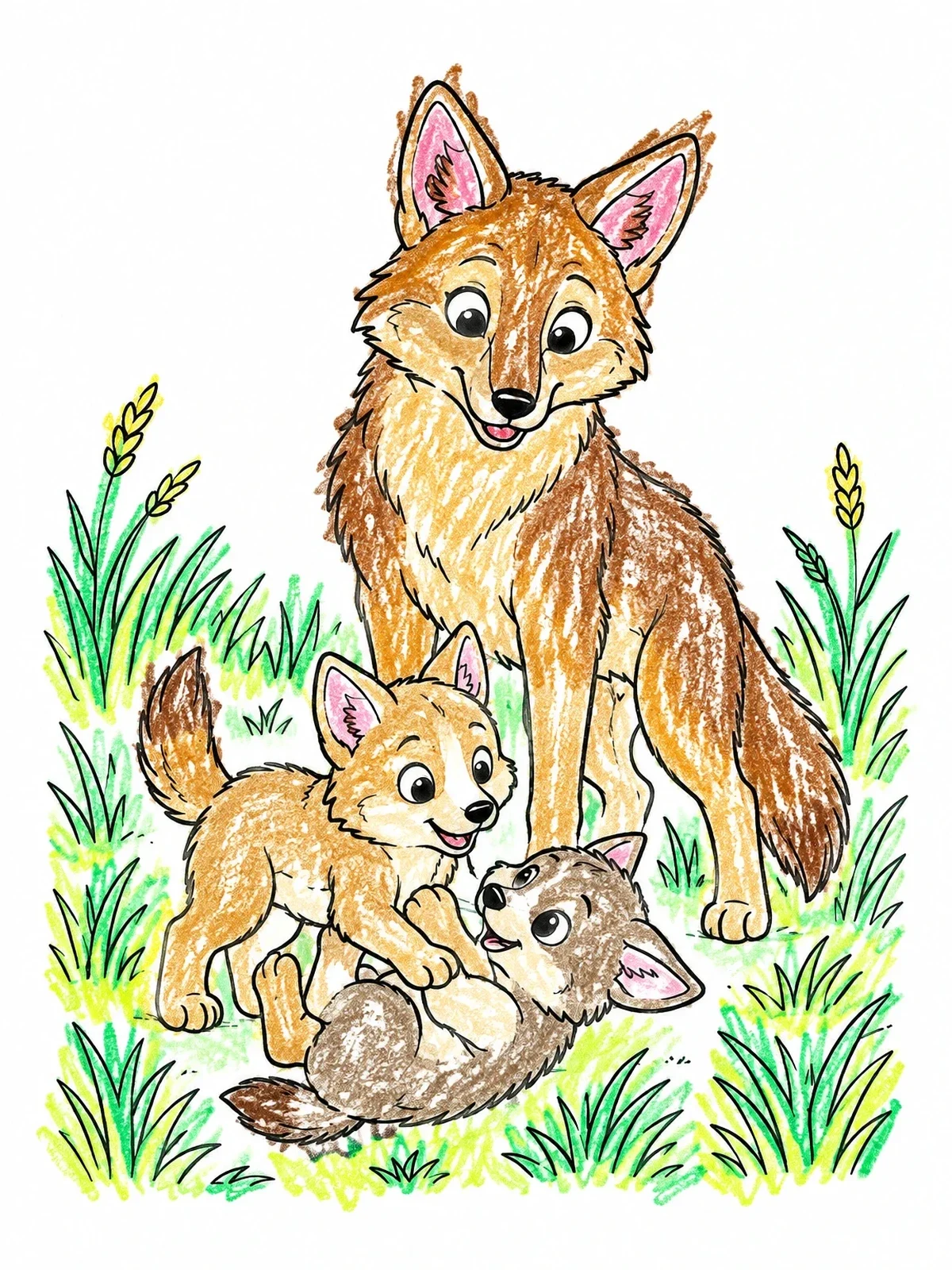 Colored example of the Coyote Mother With Playful Pups coloring page