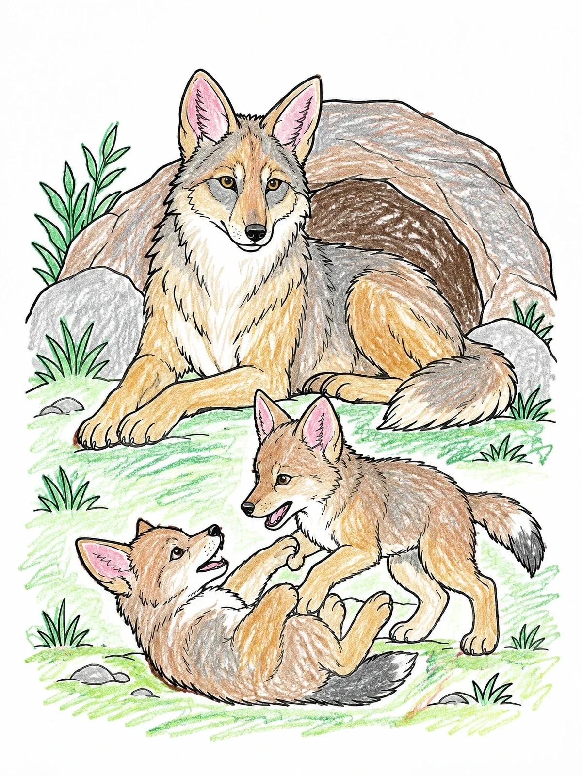 Colored example of the Coyote Mother With Playful Pups coloring page