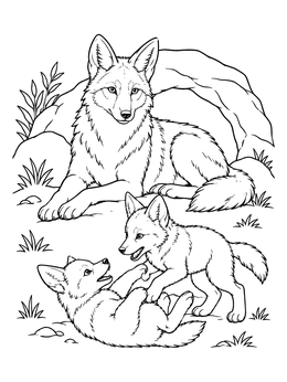 Free printable Coyote Mother With Playful Pups coloring page