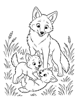Free printable Coyote Mother With Playful Pups coloring page