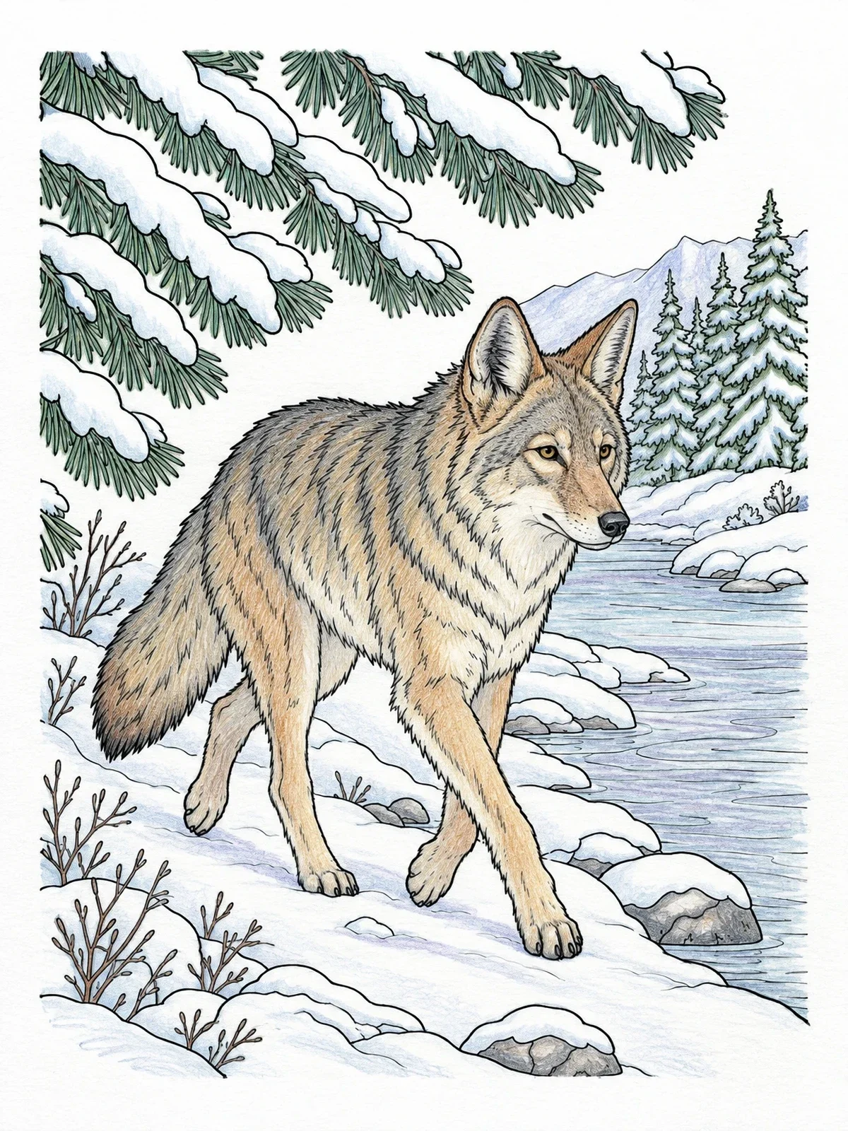 Colored example of the Coyote On A Snowy Riverbank coloring page