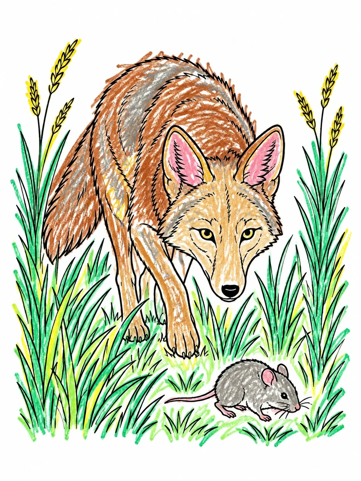 Colored example of the Coyote Stalking A Field Mouse coloring page
