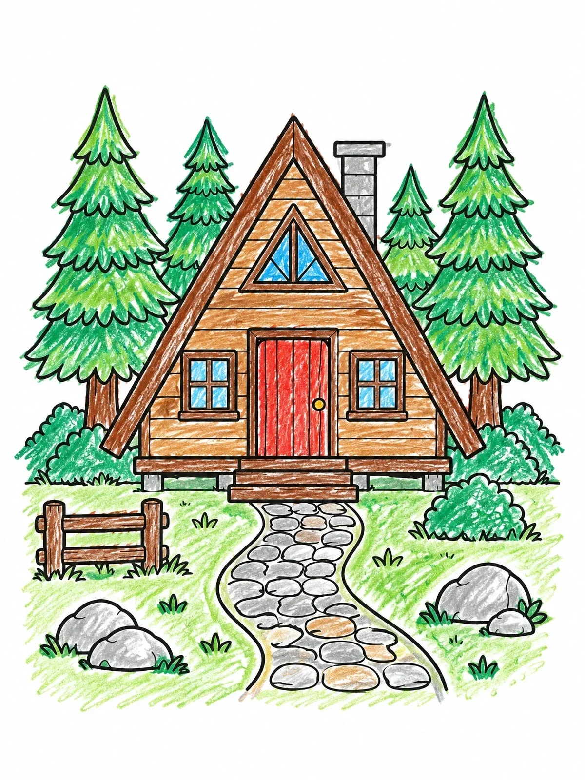 Colored example of the Cozy A Frame Forest Cabin coloring page