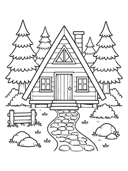 Free printable Cozy A Frame Forest Cabin coloring page