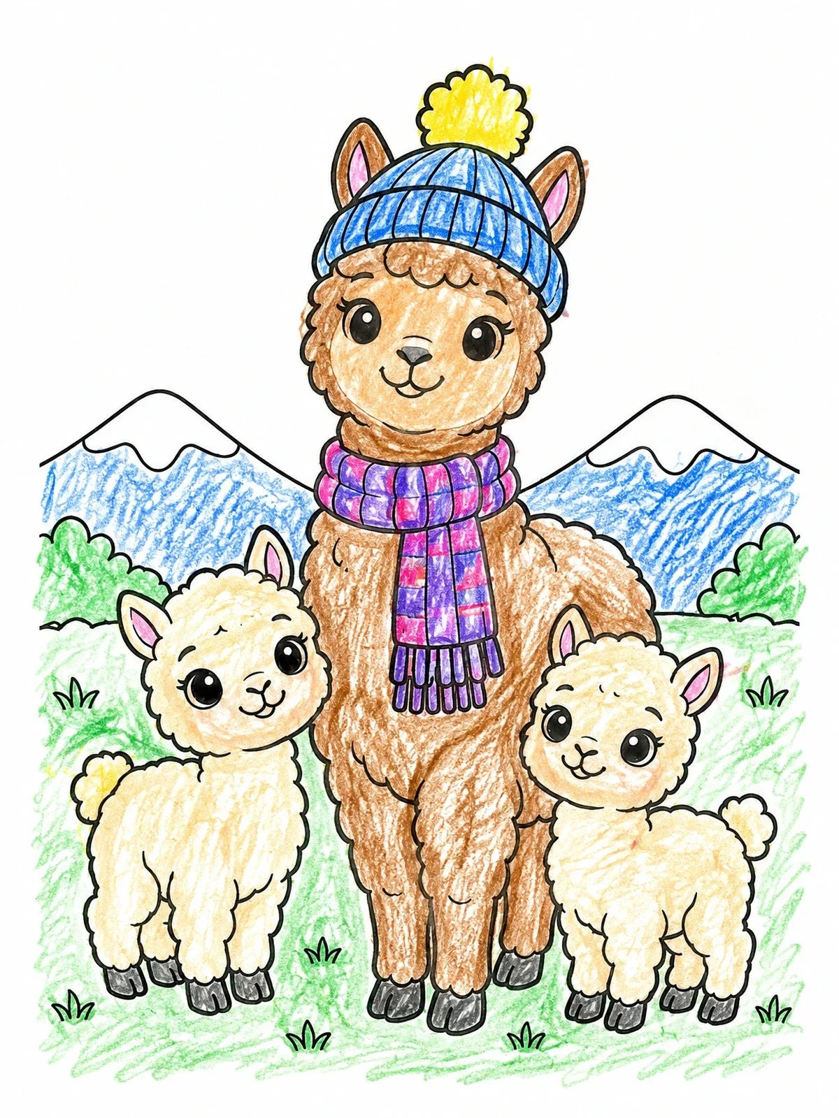 Colored example of the Cozy Alpaca With Cute Babies coloring page