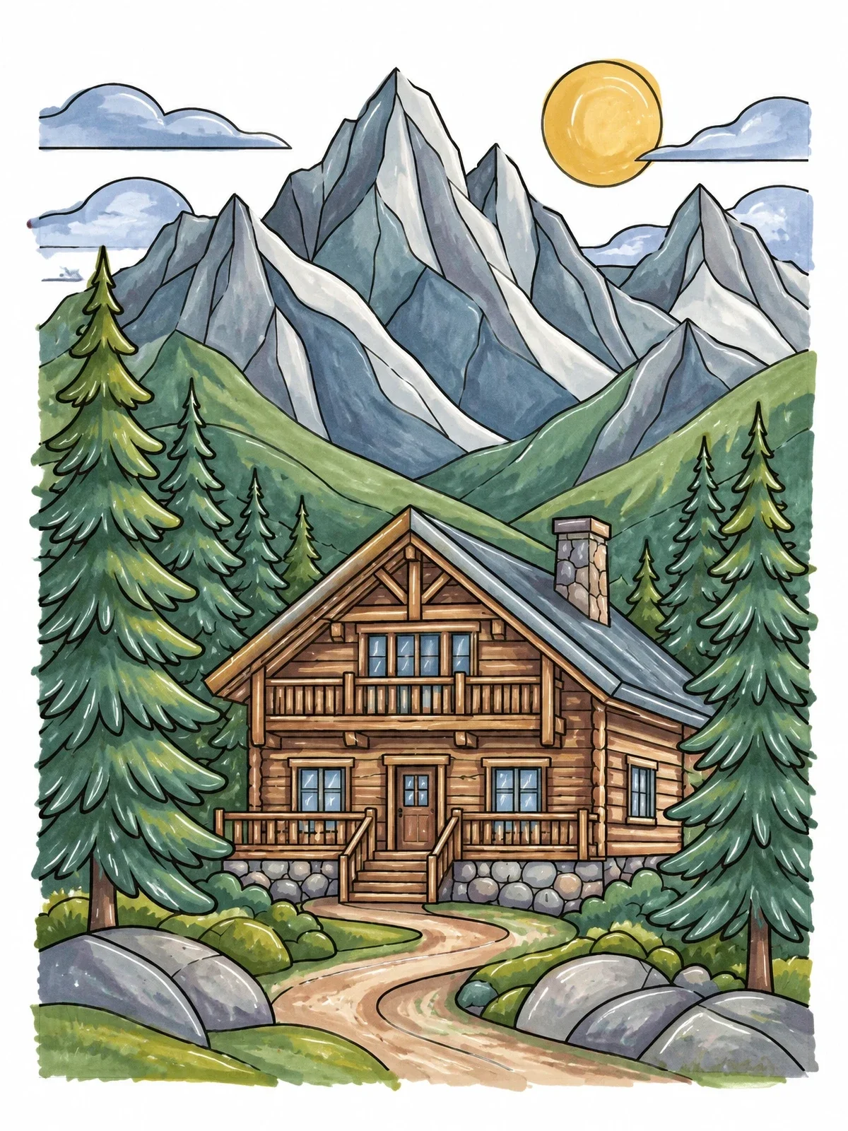 Colored example of the Cozy Wooden Alpine Lodge coloring page