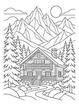 A rustic cabin in the wild woods featured in this detailed mountain coloring page.
