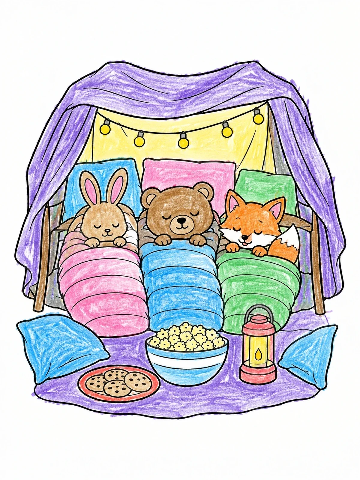 Colored example of the Cozy Animal Friends Blanket Fort Sleepover coloring page