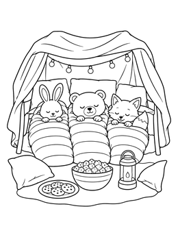 Free printable Cozy Animal Friends Blanket Fort Sleepover coloring page