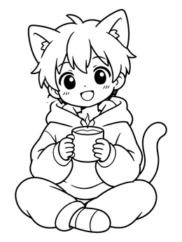 Free printable Cozy Anime Cat Boy With Mug coloring page