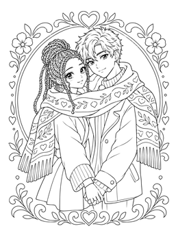 An anime couples holding hands coloring page featuring two sweethearts wrapped in a warm scarf.