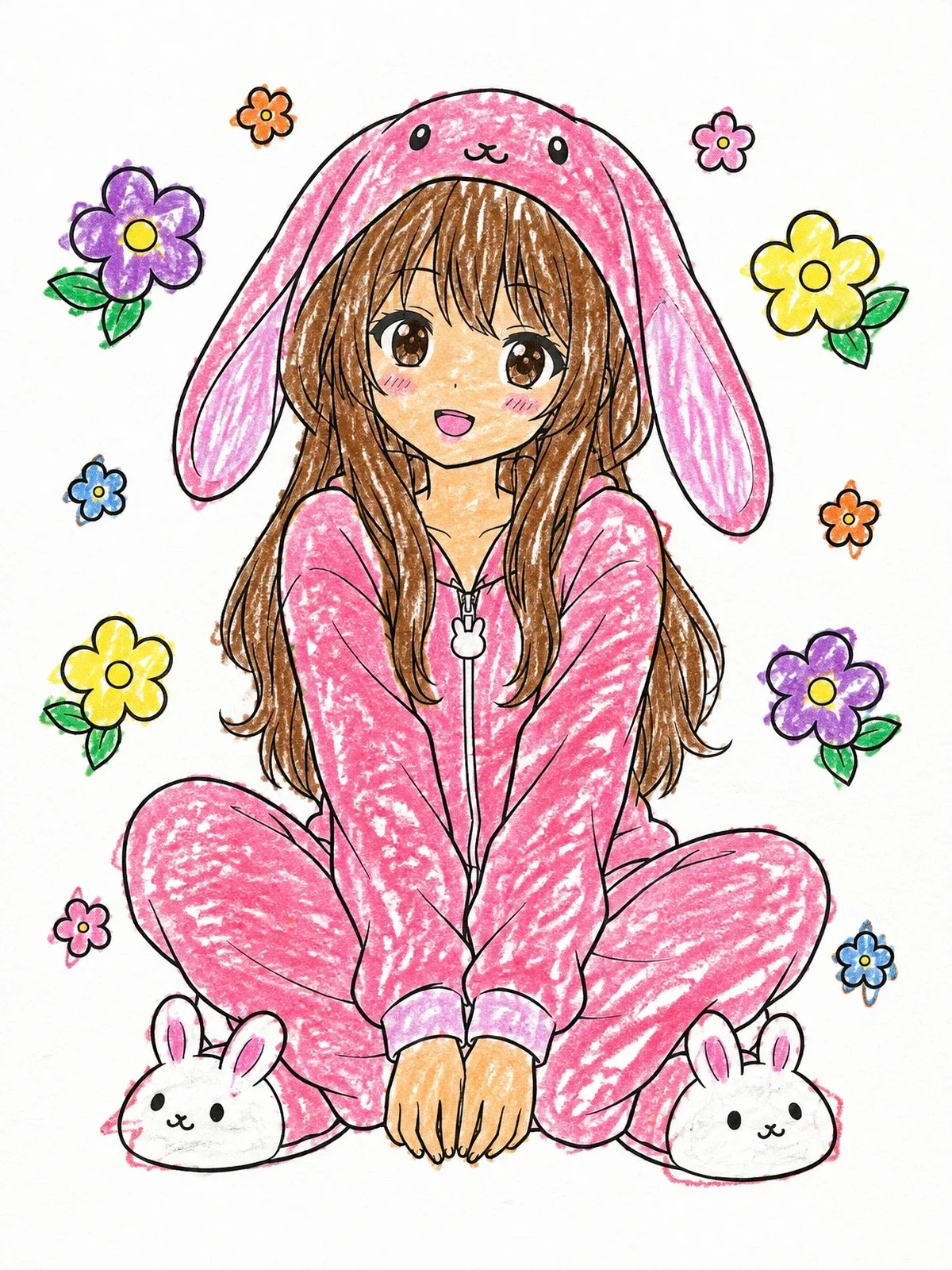 Colored example of the Cozy Anime Girl In Bunny Hoodie coloring page