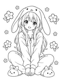 Free printable Cozy Anime Girl In Bunny Hoodie coloring page