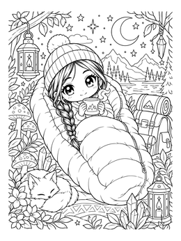 A cozy anime girl coloring page featuring a chibi camper in a sleeping bag under starry night skies.