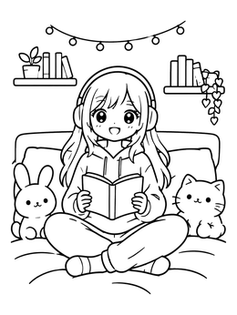 Free printable Cozy Anime Girl Reading In Bed coloring page