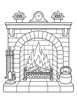 A cozy fireplace coloring page featuring an arched brick hearth, glowing fire, and mantel clock.