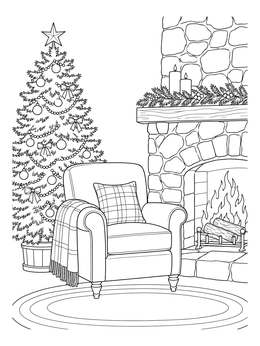 A cozy armchair sits by the hearth in this christmas fireplace coloring page.