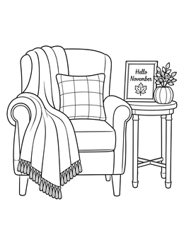 A cozy hello november coloring page featuring a comfy armchair draped with a blanket beside an autumn side table.