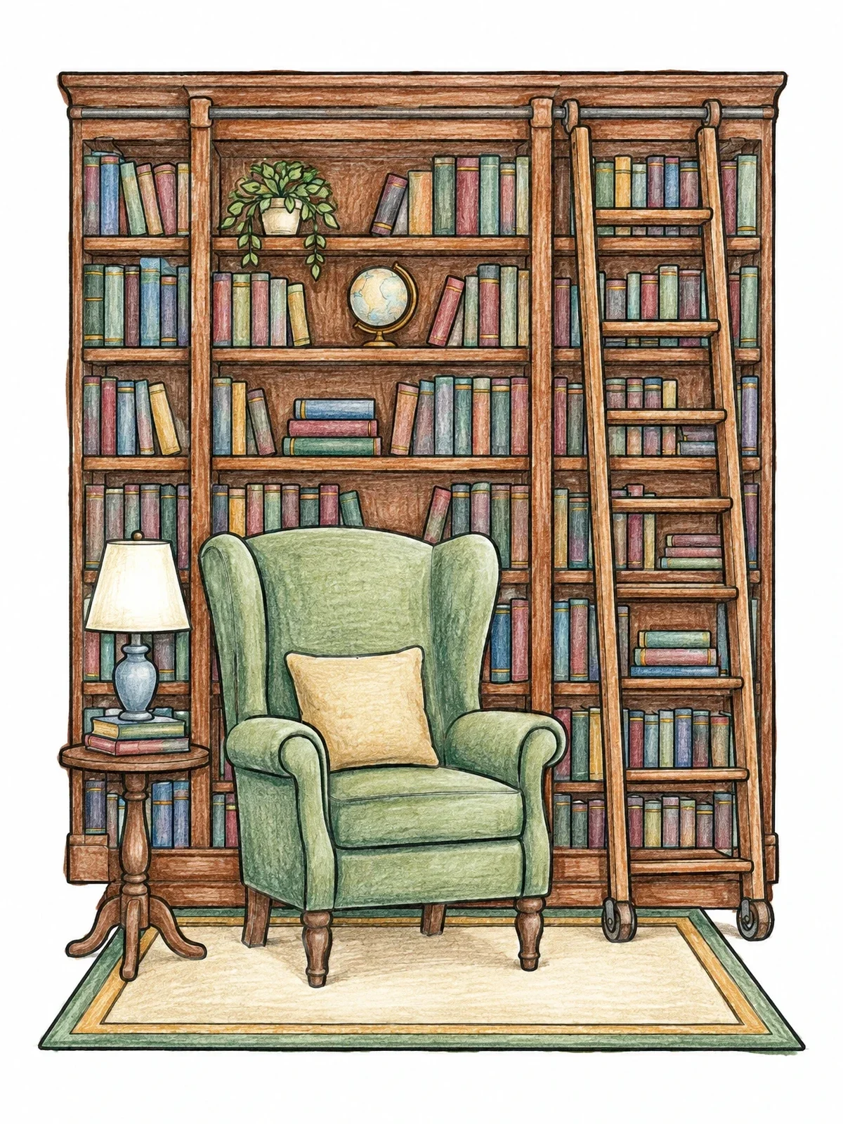Colored example of the Cozy Armchair By Library Bookshelves coloring page