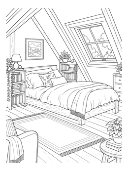 A cozy attic bed coloring page with wooden beams, bookshelves, and a large skylight.