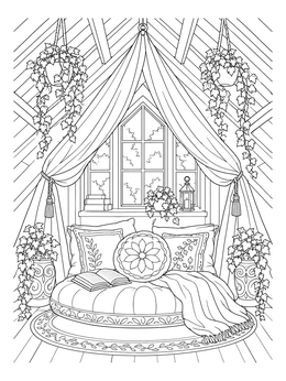 Draped canopy over a plush floor cushion in this cozy coloring page.