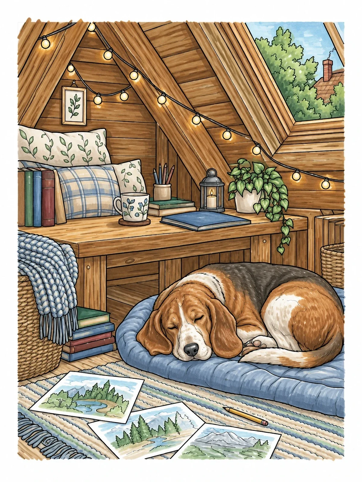 Colored example of the Cozy Attic Writer Nook coloring page