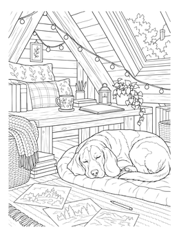 A sleeping hound dog rests in a cozy attic loft on this writer coloring page.