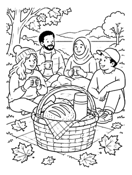 Free printable Friends Autumn Picnic In The Park coloring page