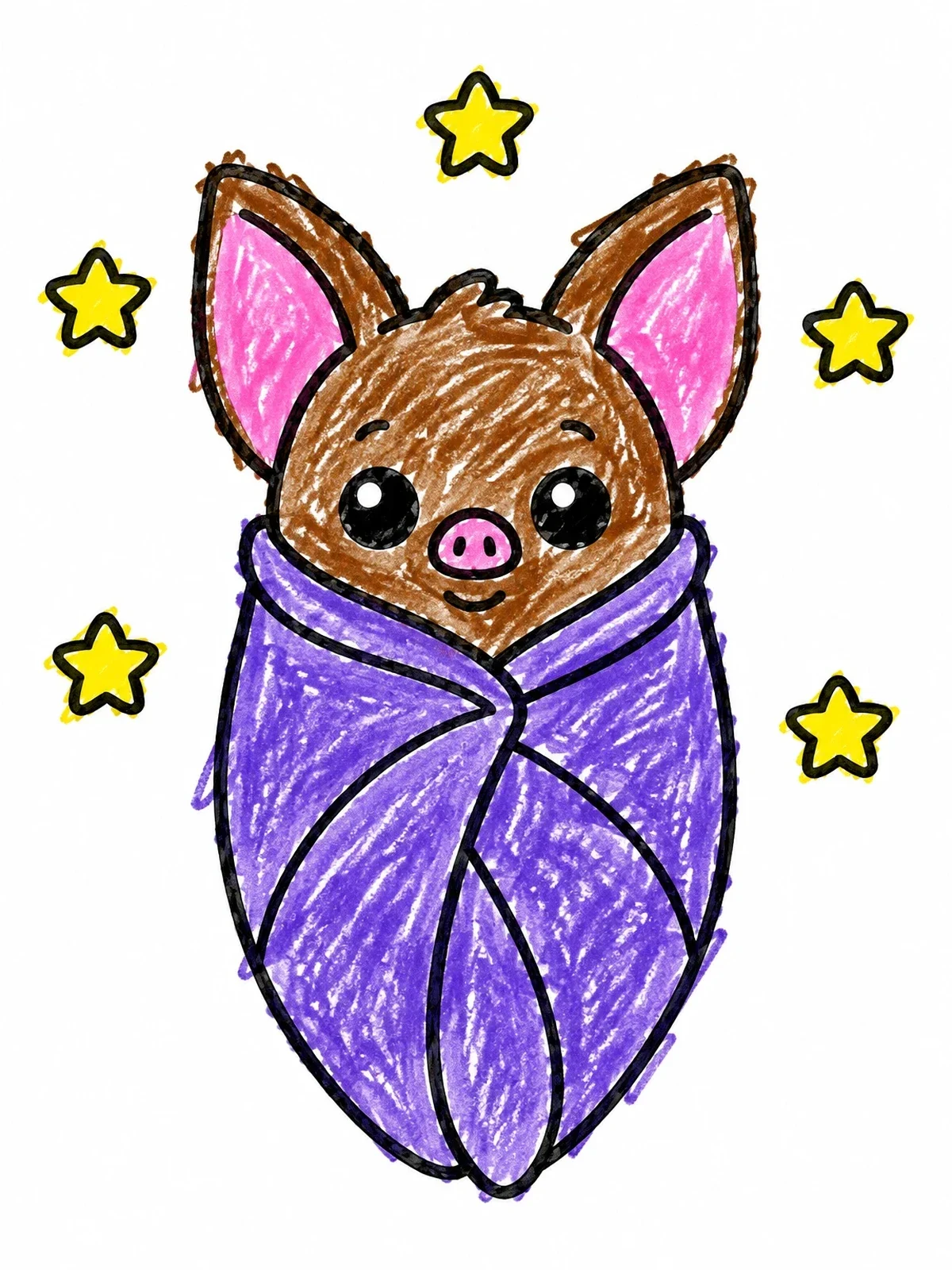 Colored example of the Cozy Baby Bat Wrapped In Wings coloring page
