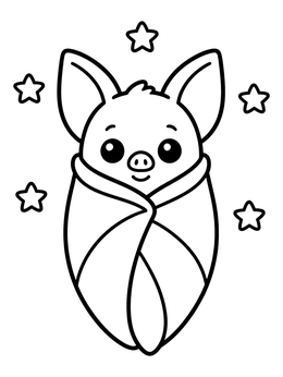 A cute baby bat coloring page featuring a sleeping pup bundled in its wings under stars.