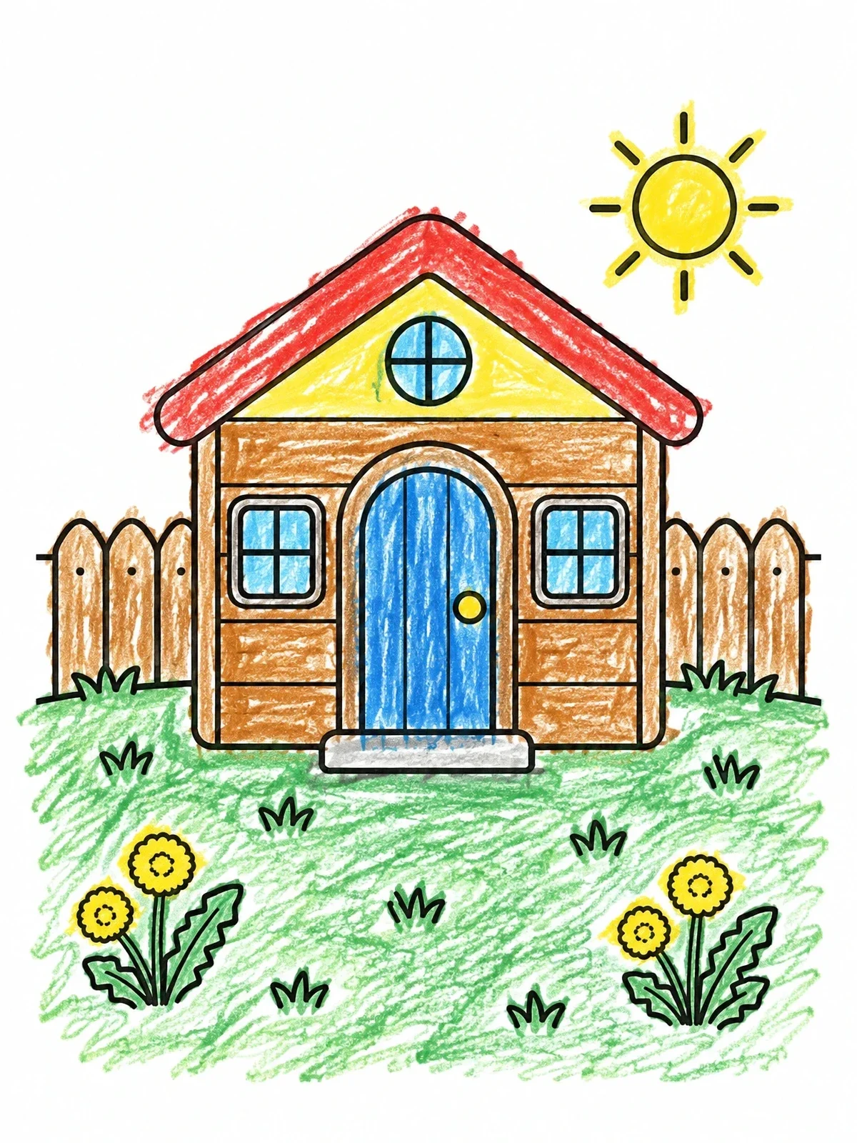 Colored example of the Cozy Backyard Playhouse With Dandelions coloring page