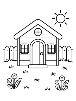 Free printable Cozy Backyard Playhouse With Dandelions coloring page