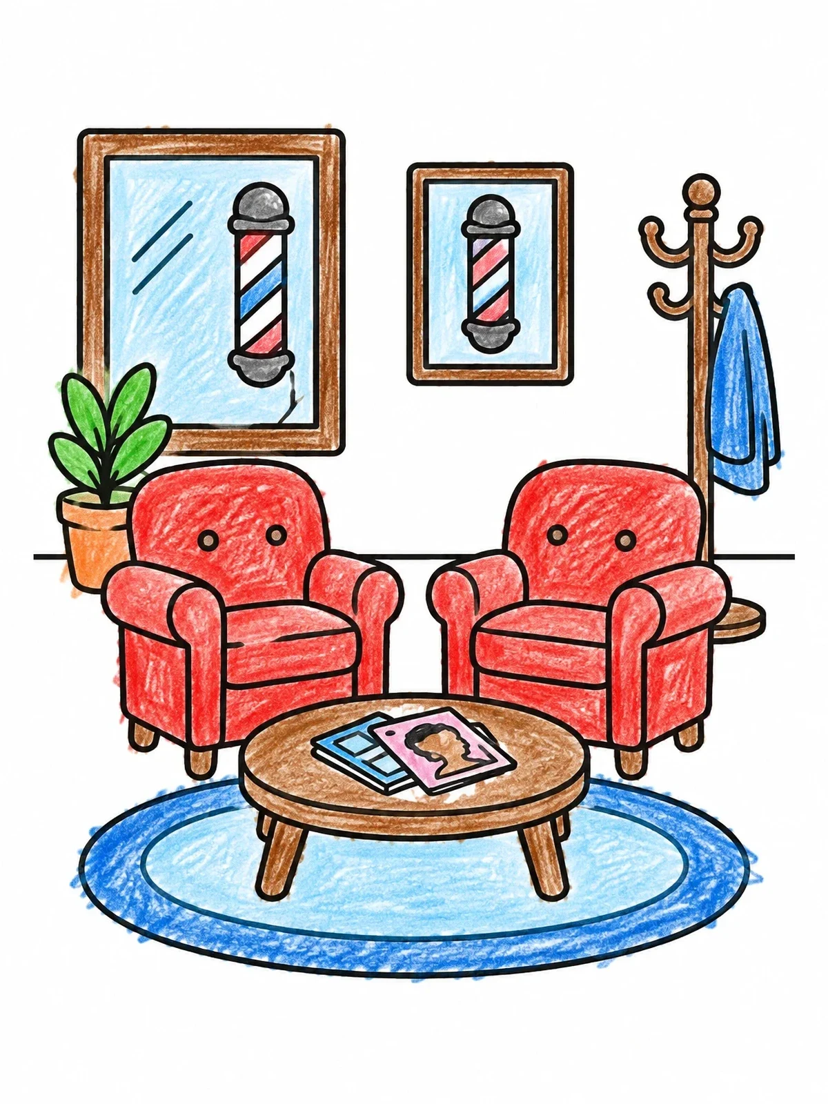 Colored example of the Cozy Barbershop Waiting Lounge coloring page