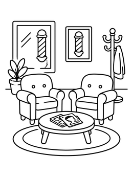 Free printable Cozy Barbershop Waiting Lounge coloring page