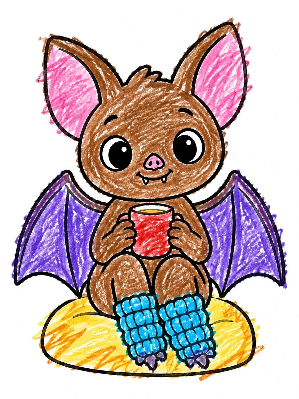 Colored example of the Cozy Bat With Warm Mug coloring page