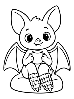 A cute cartoon bat coloring page featuring cozy leg warmers and a hot cup.