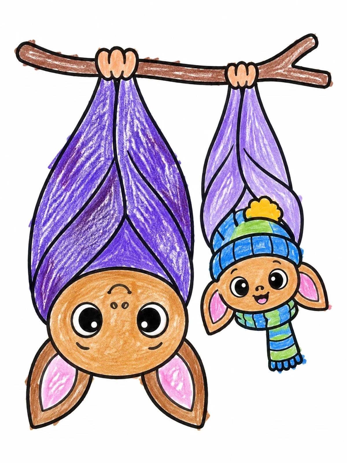 Colored example of the Cozy Bats Hanging On Branch coloring page