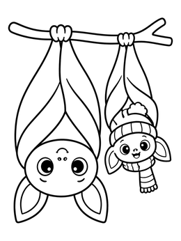 A cute mother and baby bat coloring page hanging upside down from a branch.