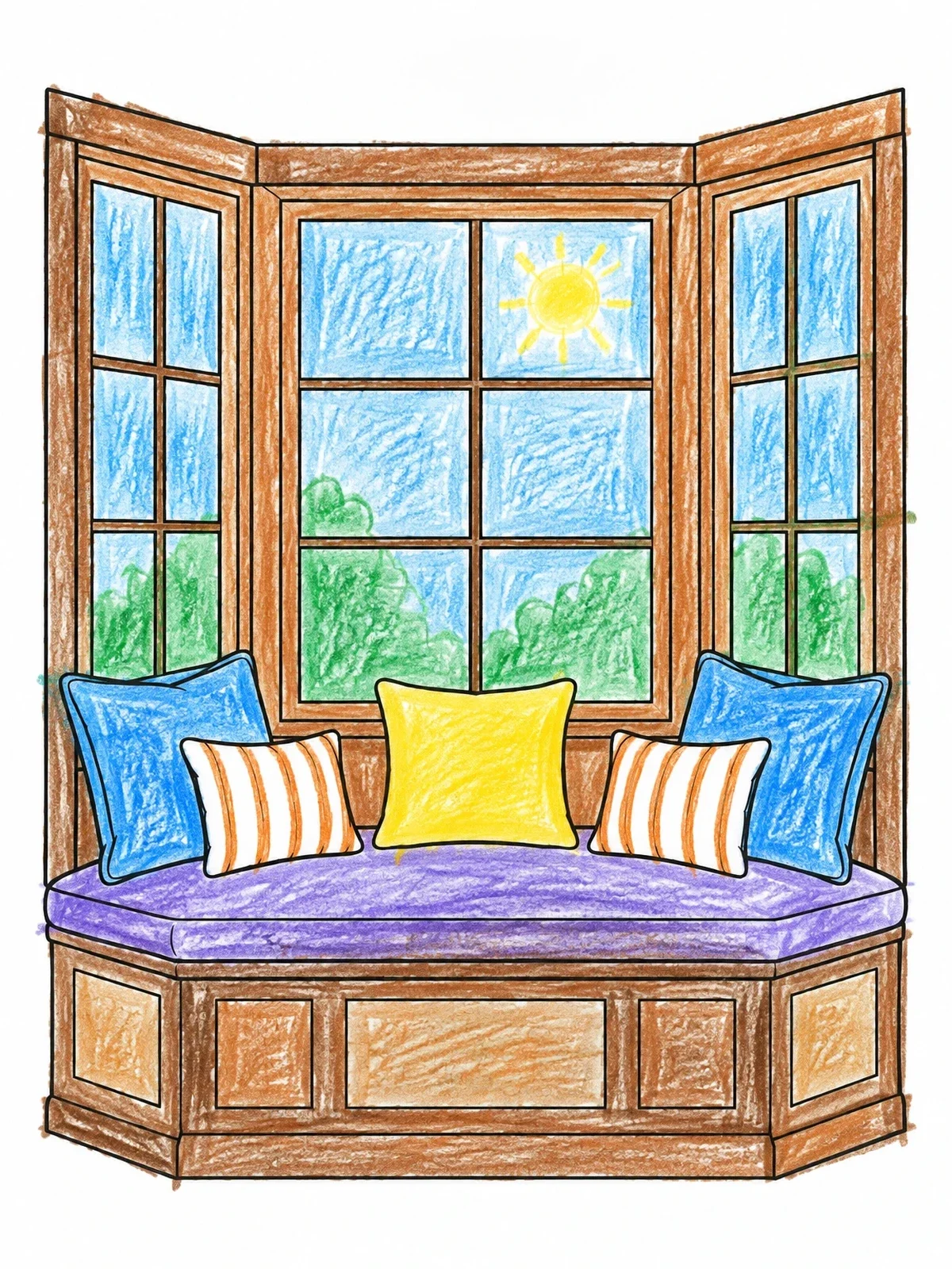 Colored example of the Cozy Bay Window Seat With Cushions coloring page