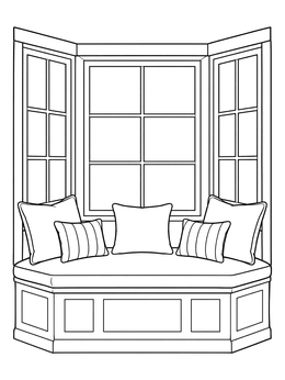 A cozy bay window coloring page featuring a cushioned bench seat with pillows.