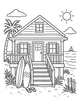 Free printable Cozy Beach House By The Ocean coloring page
