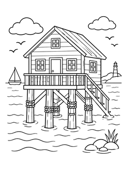 Free printable Cozy Beach House On Stilts coloring page