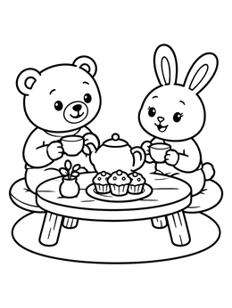 Free printable Bear And Bunny Tea Party coloring page