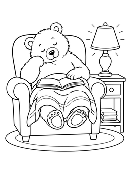 A cute bear falls asleep reading in this bedtime coloring page.