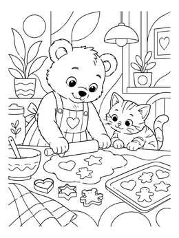 A cute bear cub and kitten roll dough in this cozy coloring page.