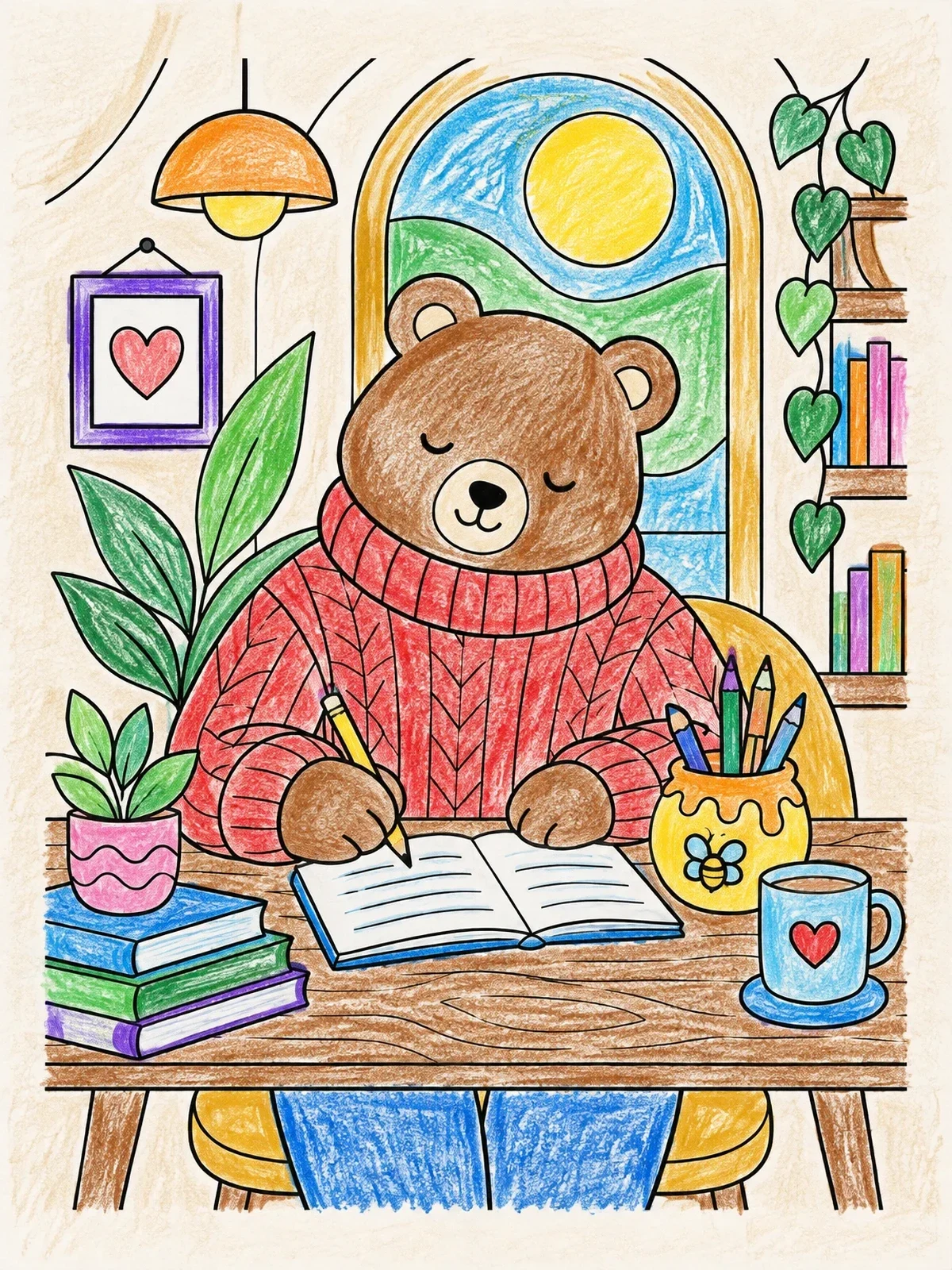 Colored example of the Cozy Bear Writing At Desk coloring page